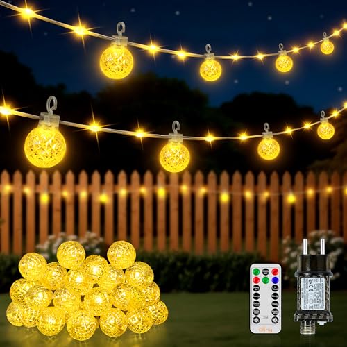 Ollny Lichterkette Außen 20M, IP67 Wasserdicht Lichterkette Strom mit Fernbedienung, 8 Modi Timer Dimmbar Warmweiß Lichterkette Outdoor für Garten Terrasse Balkon Hochzeit Party von Ollny