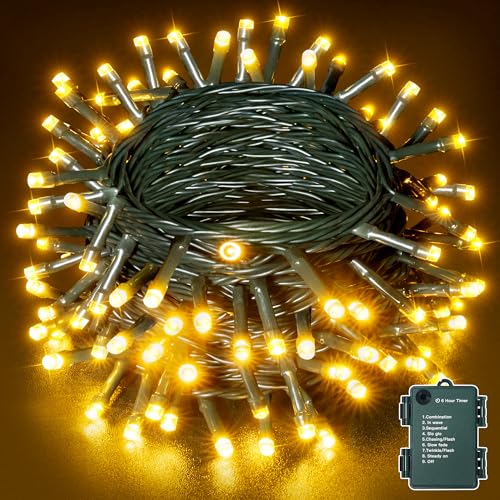 Ollny Lichterkette Außen Batterie Outdoor 10M 100 LED Warmweiß, 8 Modi Timer IP44 Wasserdichte Lichterkette Batterie für Innen Außen, Garten, Hochzeit, Party, Weihnachtsbaum (Grünes Kabel) von Ollny
