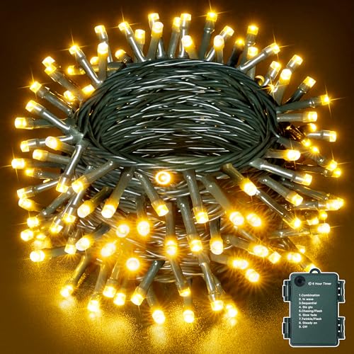 Ollny Lichterkette Außen Batterie Outdoor 15M 150 LED Warmweiß, 8 Modi Timer IP44 Wasserdichte Lichterkette Batterie für Innen Außen, Garten, Hochzeit, Party, Weihnachtsbaum (Grünes Kabel) von Ollny