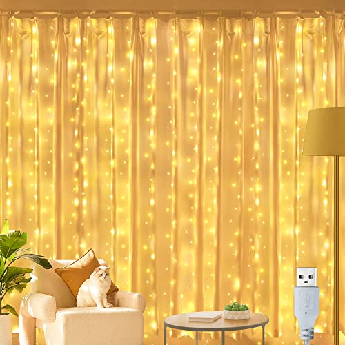 Ollny Lichtervorhang innen 3x3m, 300 LED Lichterkette außen warmweiß wasserdicht, USB Lichterketten Vorhang für Weihnachten Fenster Wand Zimmer Party Deko Gardine Balkon von Ollny