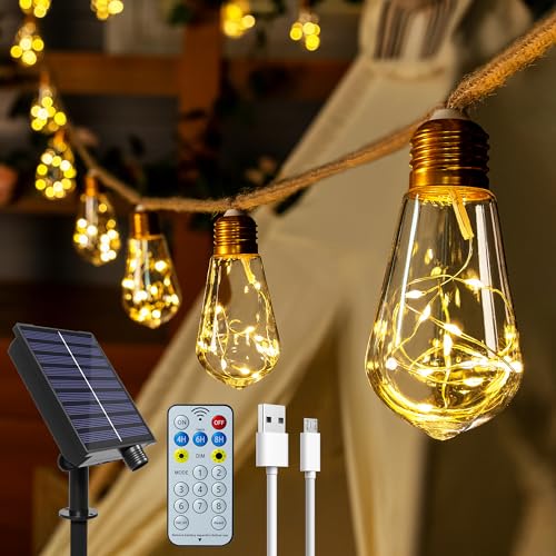 Ollny Solar Lichterkette Aussen, mit 16 S17 Glühbirnen 8M Lichterketten Außen Wetterfest, 8 Modi Timer Dimmbar USB für Vintage Deko Garten Balkon Terasse Hochzeit Party von Ollny