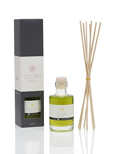 Duftöl Lemongras - Diffuser mit Stäbchen - Raumduft mit ätherischen Ölen frisch, fruchtig, spritzig - 100% Natürlich & Rein - Duftstäbchen als Raumerfrischer für die Wohnung mit Citrus-Duft (100ml) von Olori