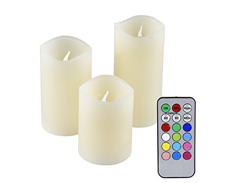 IOIO - 3er Set LED Echtwachskerzen | LED Kerzen mit Fernbedienung & verschiedenen Farben | LED Kerzen flackernde Flamme | Echtwachskerzen mit Timerfunktion | LED Kerzen Echtwachs von Olympia