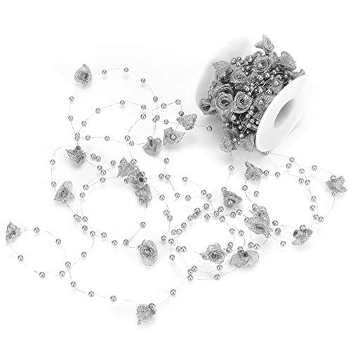 10M Imitation Perlen Ketten Band Rose Blumen Faden Perlen Linie, Braut Haarschmuck, Romantisch, Gold und Silber Band für Hochzeits Feier Dekoration, Schmuck Zubehör (Silber) von Omabeta