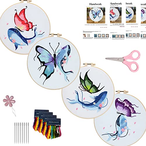 OmeHoin 4 Stück Stickset mit Wal Schmetterlings Muster,Sticksets für Erwachsene Anfänger,Starter Set für Kinder und Erwachsene von OmeHoin