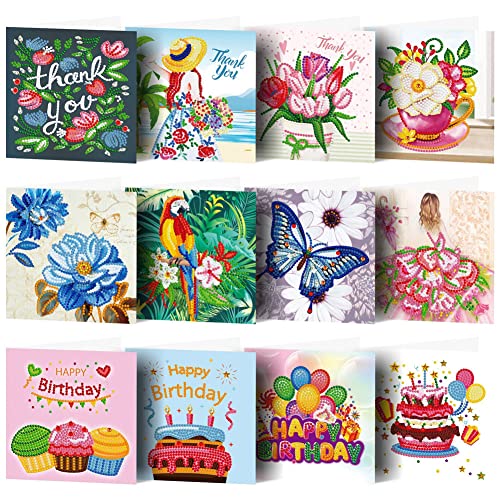 OmeHoin 5D DIY Diamond Painting Karten, 12 Stück Grußkarten, Geburtstagsgrußkarten, kreatives Geschenk für Frauen, Feiertags-Dankeschön-Grußkarten für Familie, Freunde, Liebhaber von OmeHoin