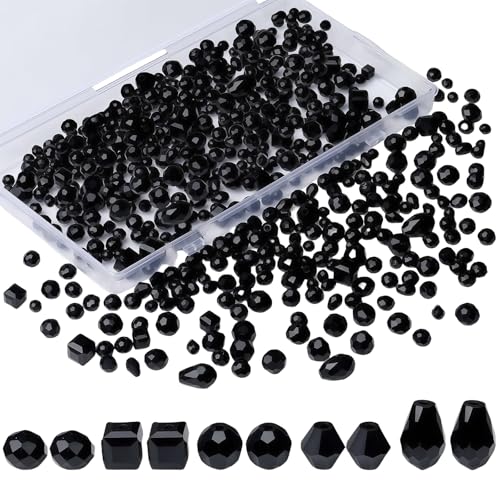 Omeblos 300 Stück schwarze Perlen für Armbandherstellung, facettierte schwarze Glasperlen, Glasperlen für Armbandherstellung, für handgefertigte Schmuckherstellung, Armbänder, Halsketten von Omeblos