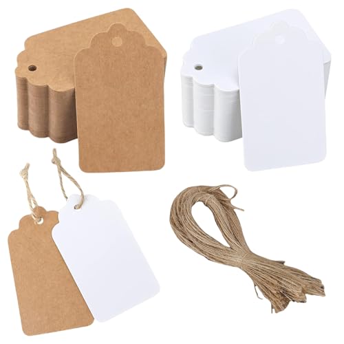 Omeblos Geschenkanhänger, Kraftpapier und 50 weiße Karten (normale Welle) – 4,5 x 9 cm, blanko, DIY-Karten mit 100 Bindfäden, perfekt für Festivals, Geburtstage, handgefertigte Dekorationen und von Omeblos