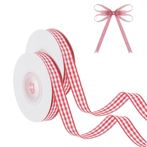 Omeblos Gingham-Band, 2 Rollen 9,1 m x 1 cm, rotes und weißes Gingham-Band, rot und weiß, Geschenkverpackungsbänder für Geschenkverpackungen, Haarschleifen, Picknick, Handwerk, DIY-Zubehör von Omeblos
