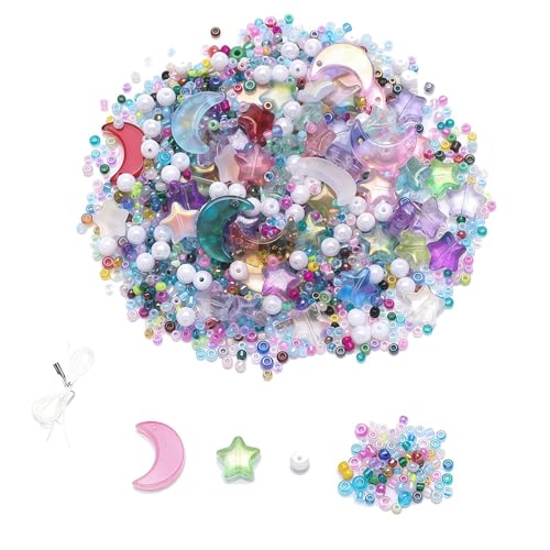 Omeblos Glasperlen-Set mit Stern- und Mondmotiven, 12 x 16 mm, Mond/10 mm Stern, 2–4 mm Perlen für Schmuckherstellung, hochwertiges Bastelzubehör für Jugendliche und Erwachsene, kreative Schmuck- und von Omeblos