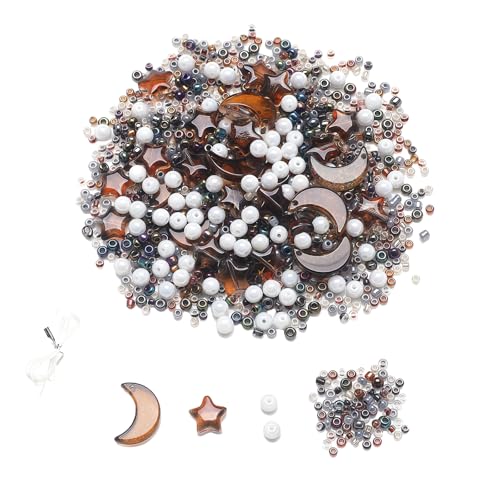 Omeblos Glasperlen-Set mit schwarzen Kaffeestern und Mond, 12 x 16 mm, Mond/10 mm Stern, 2–4 mm Perlen, hochwertiges Bastelzubehör für stilvollen Schmuck und elegante Dekoration von Omeblos