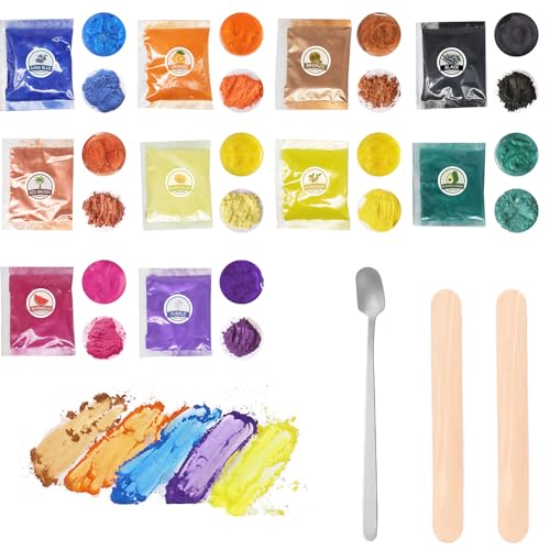 Omeblos Glimmerpulver-Set, 10 Farben, 5 g/Beutel, ideal für handgefertigte Seife, Kerzen, Harz und DIY-Schmuckhandwerk, mit 13 cm Edelstahllöffel und 2 Holzrührern von Omeblos