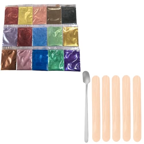 Omeblos HandyCraft Glimmerpulver-Set für handgefertigte Seife, Kerzen und Harz, 3 g/Beutel, mit 13 cm Edelstahllöffel und 5 Holzrührern, 15 Stück von Omeblos