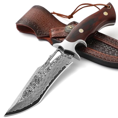 Omesio Damast Jagdmesser Hochwertiges Damaststahl Survival Messer Outdoor Damastmesser mit Scheide, Japanischer Stil, Holzhriff von Omesio