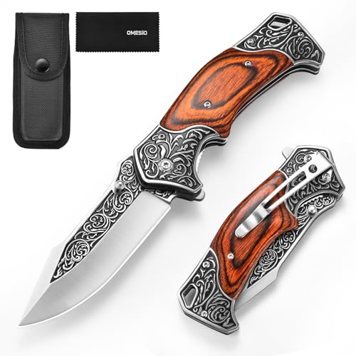 Omesio Klappmesser M-XY, Taschenmesser Klingenlänge 9,5 cm 420C-Stah, EDC Messer Holzgriff mit Taschenclip und Nylon-Tasche, ideal für Outdoor, Camping, Wandern & Geschenk, Rot. von Omesio
