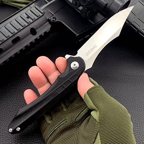 Omesio Messer Einhandmesser, Klappmesser mit Gürtelclip, Outdoor Messer Klappmesser D2 Stahl mit G10 Griff, extra scharf Survival Taschenmesser, Schwarz von Omesio