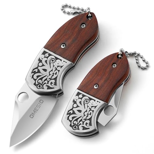 Omesio Mini Taschenmesser Schlüsselanhänger Zweihand Klappmesser Klein scharfes Schlüssel Messer, Holzgriff (B-Gespitzt- Rot) von Omesio