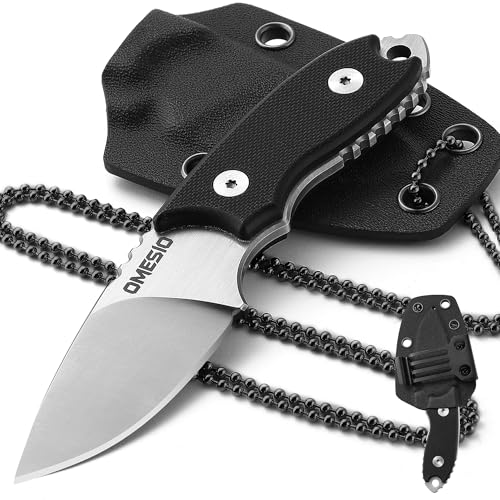 Omesio Neck Knife, kleines feststehendes D2 EDC Messer mit Kydexscheide und Kugelkette, Hals Messer für Outdoor (Schwarz) von Omesio