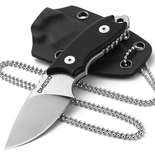 Omesio Neck Knife, kleines feststehendes D2 EDC Messer mit Kydexscheide und Kugelkette, Hals Messer für Outdoor (Schwarz) von Omesio