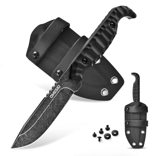 Omesio Outdoor Messer Survival M-FT01, D2 Stahl Full Tang mit Kydex Scheide Gürtelmesser, 9 cm Klingenlänge, Feststehendes Messer G10 Griff Schwarz Camping für Angeln Survival Geschenk (Voll Schwarz) von Omesio