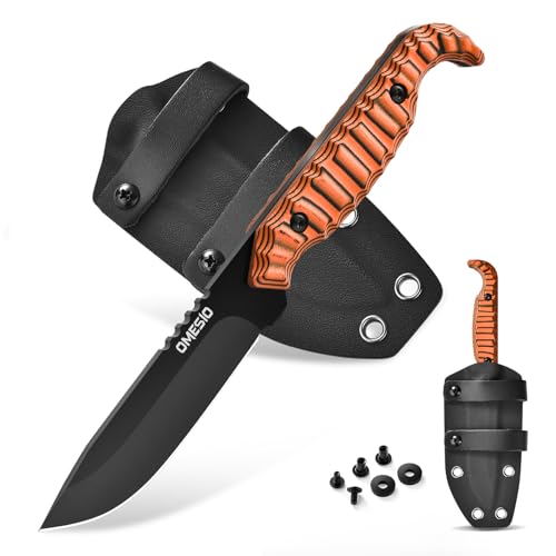 Omesio Outdoor Messer Survival M-FT15, D2 Stahl Full Tang mit Kydex Scheide Gürtelmesser, 9 cm Klingenlänge Kleines Jagdmesser, Schwarzer Klinge + Orange G10-Griff Zweifarbig für Angeln Geschenk von Omesio