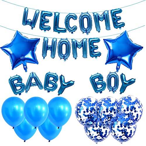 Omlalayi "WELCOME HOME BABY BOY" Helium Buchstaben & Stern Folienballons Ballon Banner, Willkommen Zuhause Deko Blau Luftballons Set Zur Geburt Mädchen, Latex Ballons mit Pailletten für Familie Partei von Omlalayi