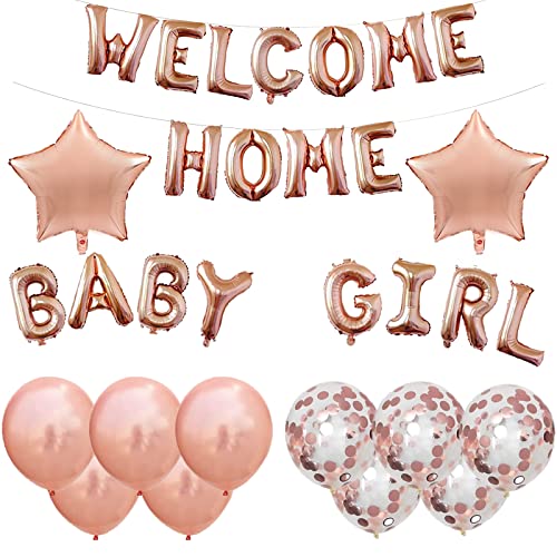 Omlalayi“WELCOME HOME BABY GIRL”Helium Buchstaben & Stern Folienballons Ballon Banner, Willkommen Zuhause Deko Roségold Luftballons Zur Geburt Mädchen, Latex Ballons mit Pailletten für Familie Partei von Omlalayi