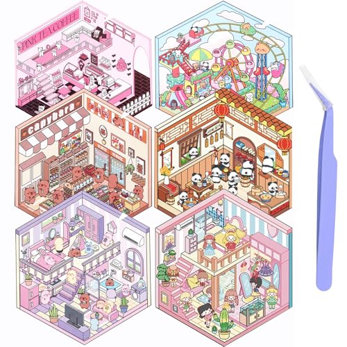 Omnikryp 6 Sets 3D Hausaufkleber, DIY House Stickers, Miniatur Haus Sticker 3D mit Pinzette, Cartoon Miniatur Szenen Aufkleber, Zeitvertreib, Wiederverwendbar, für Kinder und Erwachsene von Omnikryp