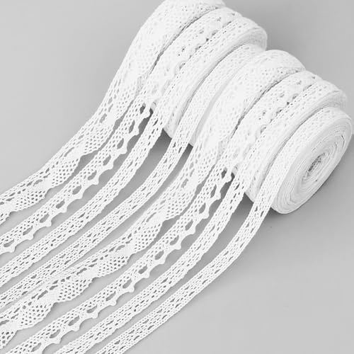 Omsscun 8 Rollen Spitzenband Vintage, 540M Spitzenborte, Baumwolle Dekoband Zierband Spitzenborte, für Hochzeit Tischdeko Basteln Geschenkband DIY Handwerk（1.2cm，1.4cm，1.5cm，2cm） (Weiß) von Omsscun