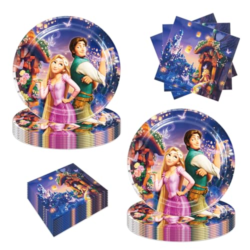 Omto Das 40-teilige Rapunzel-Partyzubehör enthält 20 Teller, 20 Servietten für die Rapunzel-Geburtstagsparty-Dekoration von Omto