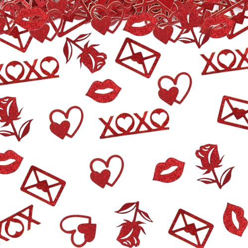 200 Stück Valentinstag-Konfetti, rote Küsse, Liebe, Herzen, Rosen, Buchstaben, Wörter, Dekor-Konfetti, Valentinstag, Glitzer-Papier-Konfetti für Valentinstag, Party, Gastgeschenk, Hochzeitsgeschenke, von On-Airstore