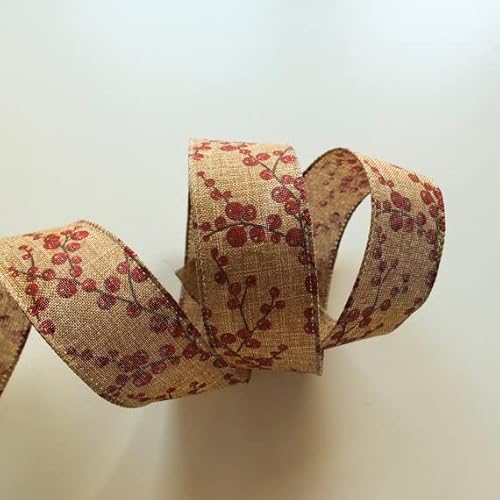 Band mit Draht, bedruckt, rote Beeren, 38 mm breit, Sackleinen-Optik, 10 m Rolle in Beige von On Trend Fabrics