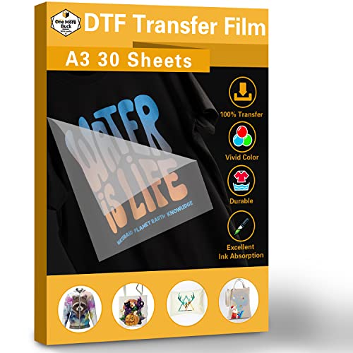 OneMoreBuck DTF Transferpapier A3 30 Blatt, doppelseitig, matt, transparent, PreTreat Sheets PET Wärmetransferpapier für DIY, Direktdruck auf jedem Textil von One More Buck