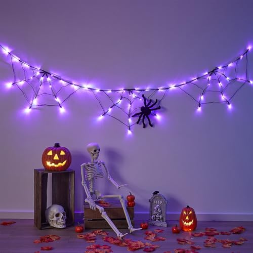 180cm Halloween Spinnennetz Lichter Mit 60 LED, 30cm Haariger Spinne, 8 Modi Spinnennetz Helloween Deko Outdoor Innen, Halloween Lichterkette Dekoration Für Garten Party Wand Hof Spukhaus (Lila) von Oneshlee
