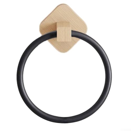 Oniissy Wandmontierter Badezimmer-Handtuchring mit Holzsockel, moderner runder Handtuchhalter aus mattschwarzem Aluminium, für Handtücher, Gästetücher und Küche, dekorativ (Buchenschwarz) von Oniissy