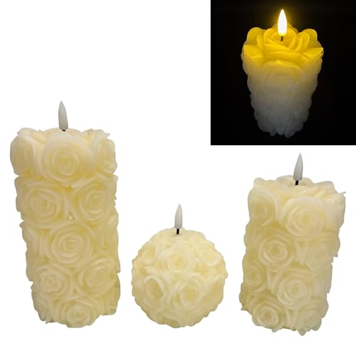 3 LED Kerzen im Set aus Echtwachs mit 6-Stunden Timerfunktion und filigranen Rosenblüten in 3D-Optik - Creme und Altrosa (Creme) von Online Fuchs