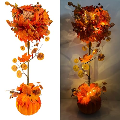 Leuchtbaum mit LED-Lichterkette, Samtkürbis und Laubblättern - farbenprächtige Herbstdeko für innen - 6-Stunden Timer von Online Fuchs