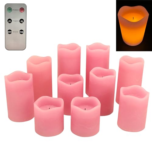 Online Fuchs 10er Set LED Stumpen Kerzen aus Echtwachs mit Docht - 5 verschiedene Höhen - Inklusive Fernbedienung und Timerfunktion (Rosa) von Online Fuchs