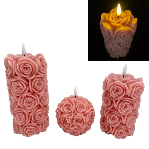 Online Fuchs 3 LED Kerzen im Set aus Echtwachs mit 6-Stunden Timerfunktion und filigranen Rosenblüten in 3D-Optik - Creme und Altrosa (Altrosa) von Online Fuchs