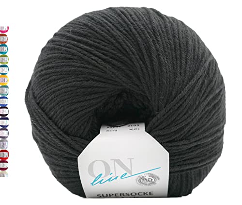 Online Sockenwolle 6-fädig uni schwarz | Strumpfwolle Supersocke 6-fach 321 Merino einfarbig | dickes Sockengarn mit Merinowolle zum Stricken und Häkeln (5010 Schwarz) von ONline Garne