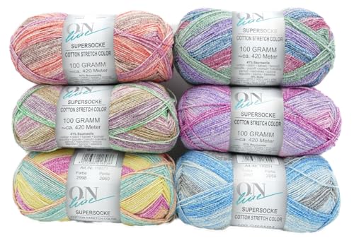 Online Supersocke Cotton Stretch Color | Sockenwolle Baumwolle trocknergeeignet| 6x100g Paket Strumpfwolle 4-fädig / 4-fach | Sockengarn 41% Baumwolle, 39% Wolle, 13% Polyamid, 7% Polyester von Online Garne