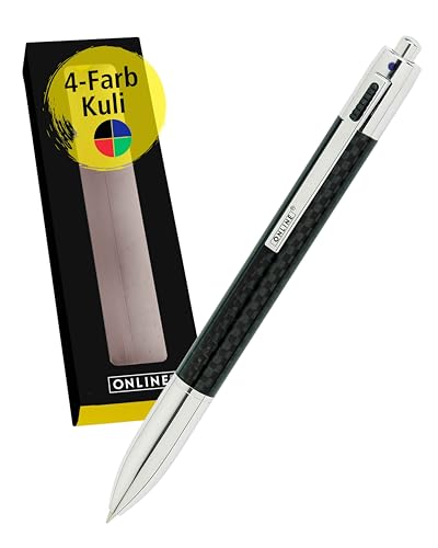 Online 4-farbiger Carbon-Kugelschreiber | Multifunktionsstift | mit 4 D1-Kulli-Minen — blau, rot, grün, schwarz | nachfüllbarer Kugelschreiber | Carbon Design in Geschenkbox von Online
