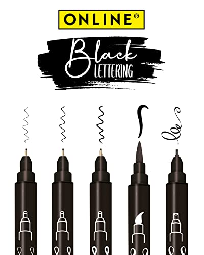 Online 5x Fineliner Schwarz wasserfest | mit Brush Pen, Fineliner-Spitzen und Kalligrafie-Spitze | Black Handlettering-Set | Tuschestifte für Bullet Journal, Sketchnotes & DIY Geschenke von Online