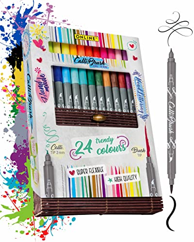 ONLINE Brush-Pen Set Calli.Brush I 24 Double-Tip Pinselstifte mit Kalligrafie-Spitze & Pinselspitze I farbenfrohe Handlettering Stifte für Kalligraphie, Bullet Journals & Co. I in Bambus-Box von Online