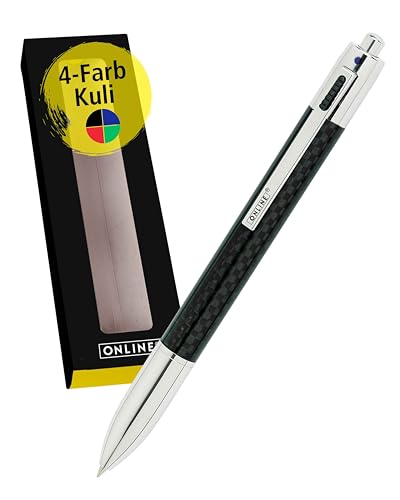 ONLINE 4-farbiger Carbon-Kugelschreiber | Multifunktionsstift | 4 mittelgroße Minen — blau, rot, grün, schwarz | nachfüllbarer Kugelschreiber | stilvoller schwarzer Carbonstift mit Geschenkbox von Online