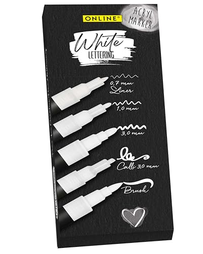 Online 5er-Set Handlettering-Stifte Weiß I Stark deckendes Handlettering Starter Set mit Brush Pen, Fineliner, Kalligrafie Stift & Markern I weiße Acryl Marker Stifte für Bullet Journal, DIY-Projekte von Online