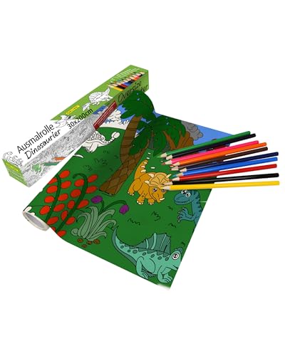 Online Buntstifte & Malrolle für Kinder zum Ausmalen I Selbstklebende 30 x 200 cm Zeichenrolle mit Dino-Motiv I leicht & ohne Rückstände ablösbar I ideal für Kindergeburtstage I inkl. 10 Buntstifte von Online