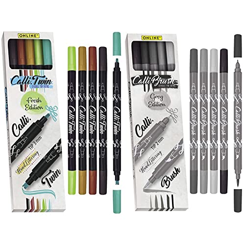 Online Calli.Twin Fresh, Double Line Pen, 5er Set & 19105 Calli.Brush Grey, 5er Set Handlettering Brush-Pen, Pinsel-Stifte Set, Kalligraphie-Set, Pens mit Calligraphie-Spitze und Pinsel-Spitze von Online