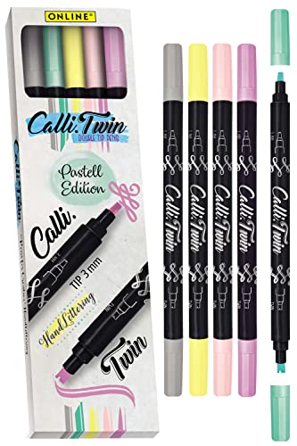 Online Calli.Twin Pastel, Double Line Pen, 5er Set Handlettering Marker, Stifte mit Doppel-Spitze, Kalligraphie-Set, Calligraphie-Spitze und gespaltene Spitze für Bullet Journal, Aquarell von Online