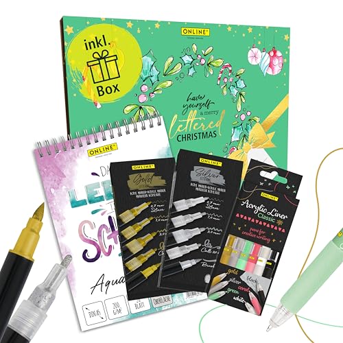 Online Christmas Lettering Set I Stark deckende Handlettering Stifte mit Brush Pen, Fineliner, in Geschenkverpackung I metallic Acryl Marker inkl. Aquarell-Block I Gold, Silber und classic Liner Online Christmas Lettering Set I Stark deckende Handlettering Stifte mit Brush Pen, Fineliner, in Geschenkverpackung I metallic Acryl Marker inkl. Aquarell-Block I Gold, Silber und classic Liner von Online